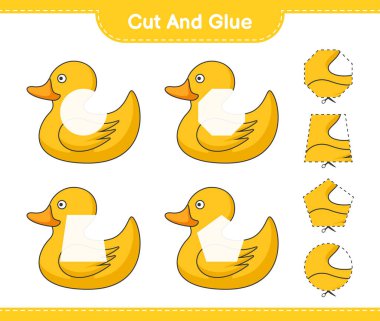 Kes ve yapıştır, Rubber Duck 'ın parçalarını kes ve yapıştır. Eğitimsel çocuk oyunu, yazdırılabilir çalışma tablosu, vektör illüstrasyonu