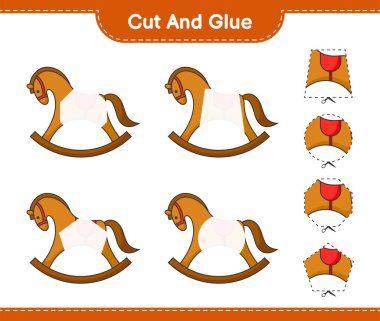 Kes ve yapıştır, Sallanan At 'ın parçalarını kes ve yapıştır. Eğitimsel çocuk oyunu, yazdırılabilir çalışma tablosu, vektör illüstrasyonu