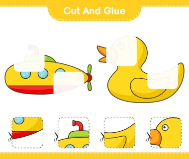 Kes ve yapıştır, Denizaltı ve Rubber Duck 'ın parçalarını kes. Ve onları yapıştırın. Eğitimsel çocuk oyunu, yazdırılabilir çalışma tablosu, vektör illüstrasyonu