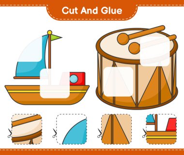 Kes ve yapıştır, Tekne ve Davul 'un parçalarını kes. Ve onları yapıştırın. Eğitimsel çocuk oyunu, yazdırılabilir çalışma tablosu, vektör illüstrasyonu