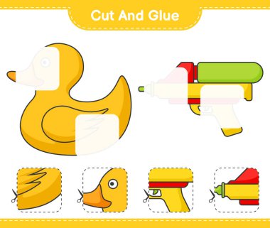 Kes ve yapıştır, Rubber Duck ve Water Gun 'ın parçalarını kes. Ve onları yapıştırın. Eğitimsel çocuk oyunu, yazdırılabilir çalışma tablosu, vektör illüstrasyonu