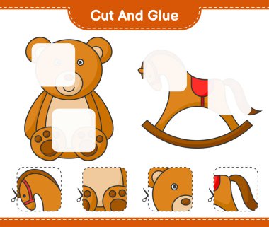 Kes ve yapıştır, oyuncak ayı ve sallanan atın parçalarını kes. Ve onları yapıştırın. Eğitimsel çocuk oyunu, yazdırılabilir çalışma tablosu, vektör illüstrasyonu