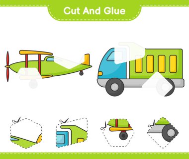 Kes ve yapıştır, Lorry ve Plane 'in parçalarını kes. Ve onları yapıştırın. Eğitimsel çocuk oyunu, yazdırılabilir çalışma tablosu, vektör illüstrasyonu
