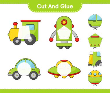 Kes ve yapıştır, Trenin parçalarını kes, Robot Karakteri, Araba, Ufo ve onları yapıştır. Eğitimsel çocuk oyunu, yazdırılabilir çalışma tablosu, vektör illüstrasyonu