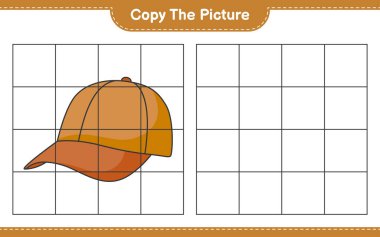 Fotoğrafı kopyala, Cap Hat 'in ızgara hatlarını kullanan fotoğrafını kopyala. Eğitimsel çocuk oyunu, yazdırılabilir çalışma tablosu, vektör illüstrasyonu