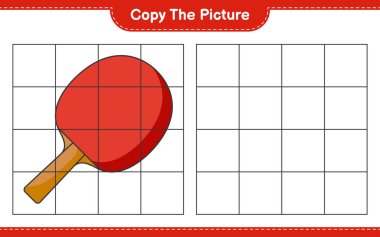 Resmi kopyala, Ping Pong Raket 'in ızgara hatlarını kullanarak resmini kopyala. Eğitimsel çocuk oyunu, yazdırılabilir çalışma tablosu, vektör illüstrasyonu