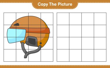 Fotoğrafı kopyala, Hockey Helmet 'in ızgara hatlarını kullanarak fotoğrafını kopyala. Eğitimsel çocuk oyunu, yazdırılabilir çalışma tablosu, vektör illüstrasyonu