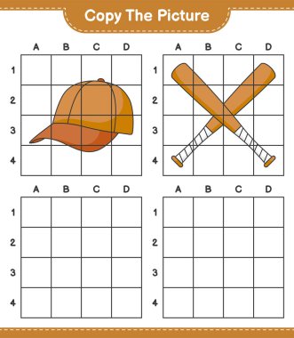 Fotoğrafı kopyala, Cap Hat ve Baseball Bat 'in ızgara hatlarını kullanarak fotoğrafını kopyala. Eğitimsel çocuk oyunu, yazdırılabilir çalışma tablosu, vektör illüstrasyonu