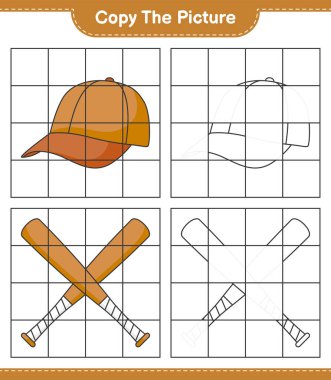 Fotoğrafı kopyala, Cap Hat ve Baseball Bat 'in ızgara hatlarını kullanarak fotoğrafını kopyala. Eğitimsel çocuk oyunu, yazdırılabilir çalışma tablosu, vektör illüstrasyonu