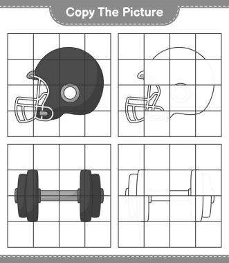 Fotoğrafı kopyala, Football Helmet ve Dumbbell 'ın ızgara hatlarını kullanarak fotoğrafını kopyala. Eğitimsel çocuk oyunu, yazdırılabilir çalışma tablosu, vektör illüstrasyonu