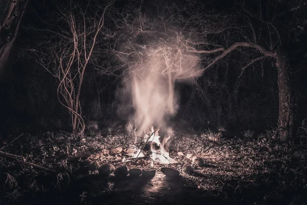 Chamas de uma fogueira à noite em uma floresta escura assustadora cercada por pedras que moldam sombras fortes — Fotografia de Stock