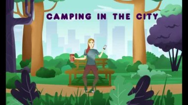 Şehrin dışında sessiz bir yerde. Bir kız bankta oturuyor. Kadın ağaçlar, çalılar ve çimlerle çevrili. Arka planda bulutlarla şehri ve gökyüzünü görebilirsiniz. Parktaki kız.