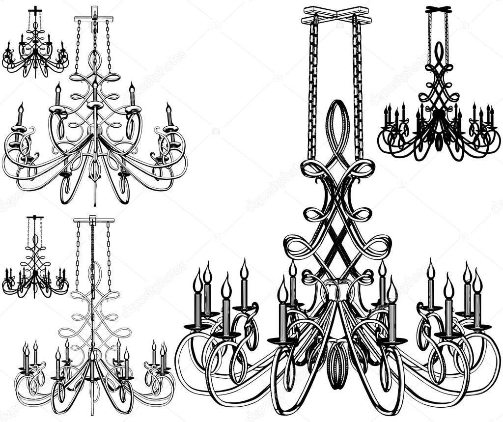 Luster Retro Vintage Chandelier Vector. Illustration Isolated On White Background. A vector illustration Of A Chandelier.