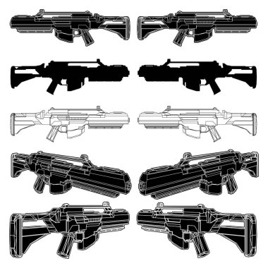 Gelecekçi Lazer Saldırı Tüfeği Vektörü. Siluetli Soyut Bilimkurgu Otomatik Makineli Tüfek dahil. Beyaz Arkaplanda İzole Edilmiş Bir Çizim.