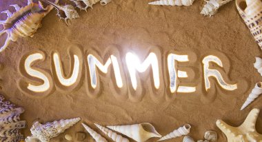 Kum yaz sembolü. Plaj arka plan. Üstten Görünüm