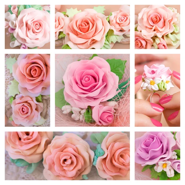 Beautiful roses, Romantic style: Collage of a polymer clay jewel — Stock Photo, Image