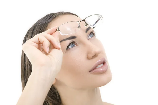 Optics and Glasses, Portrait of young smiling woman looking thro — Stock Photo, Image