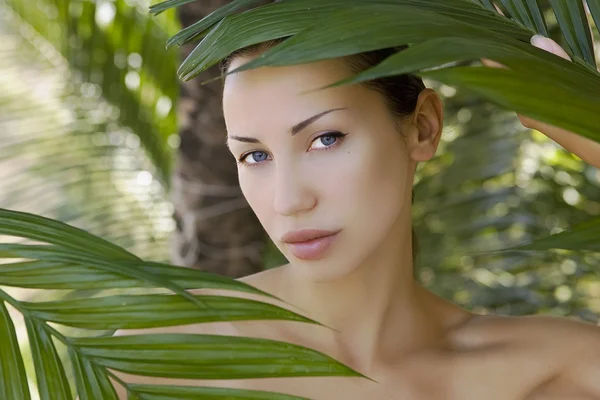 Güzel kadın palmiye yaprakları saklanıyor — Stok fotoğraf