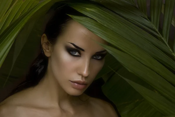 Sexy beautiful woman hiding behind the palm leaves. Beautiful st — Stock Photo, Image