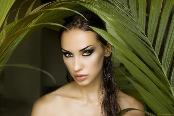 Sexy beautiful woman hiding behind the palm leaves. Beautiful st — Stock Photo, Image