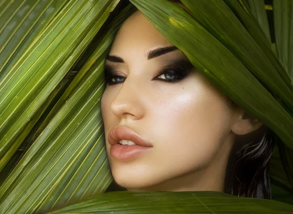 Makeup. Sexy beautiful woman hiding behind the palm leaves. Beau — Stock Photo, Image