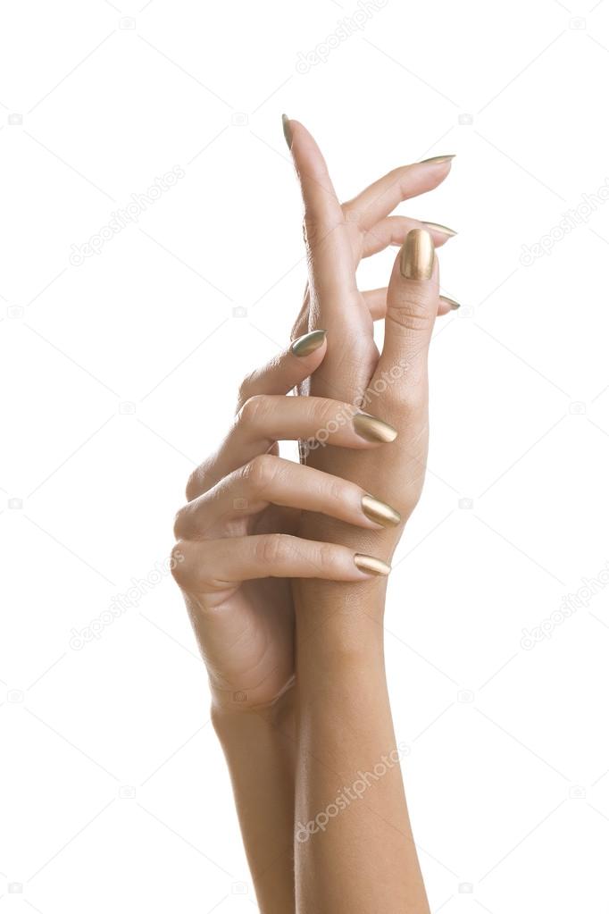 Golden Manicure, Female Hands with Shiny Golden Nail Polish