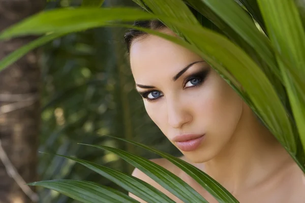 性感美丽的女人，躲在后面的棕榈叶。美丽的圣 — 图库照片