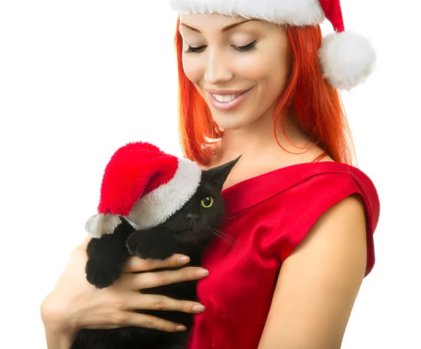 Frau mit Weihnachtsmann-Hut und Katze Weihnachtsmann - niedliche Weihnachtskatze, ch — Stockfoto