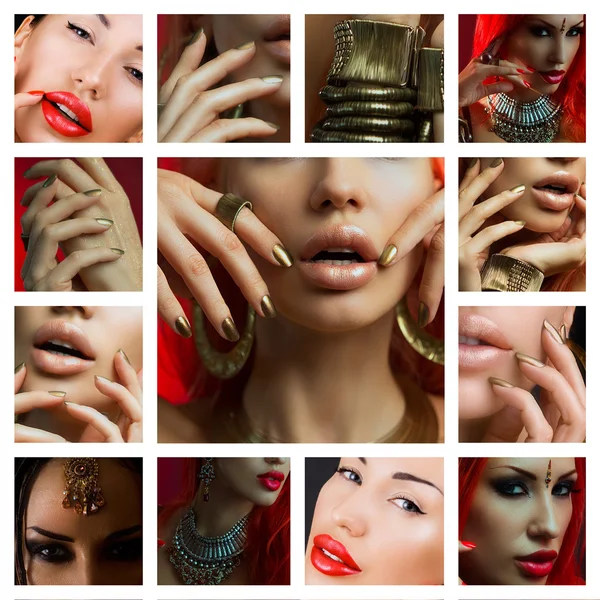 Collage di trucco. Belle giovani donne con elegante make-u luminoso — Foto Stock