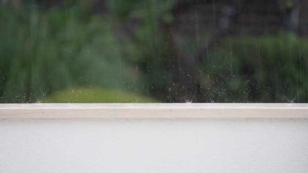 Краплі дощу падають до стіни саду і бризкають під час грози в Хорватії. — стокове відео