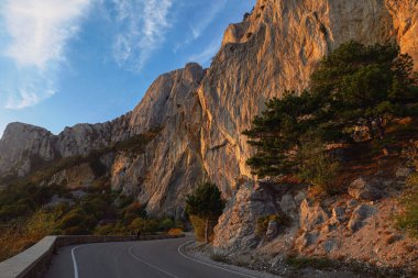Yaz ormanında gün batımında asfalt yolda. Kırım Dağları