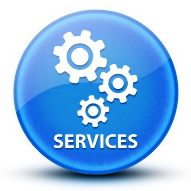 Servisler (Gears simgesi) göz küresi parlak mavi yuvarlak düğme soyut illüstrasyon