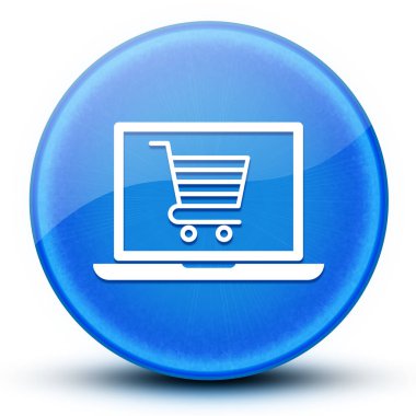 Çevrimiçi alışveriş arabası dizüstü bilgisayar göz küresi parlak mavi yuvarlak düğme soyut illüstrasyon