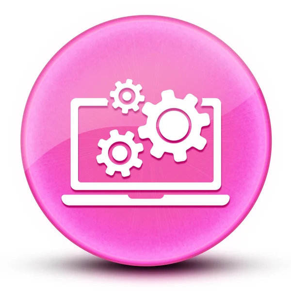 ノートパソコンとギア眼球光沢のあるエレガントなピンクの丸ボタン抽象的なイラスト — ストック写真
