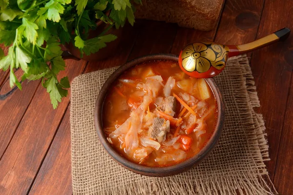 Капустный Суп Мясом Русское Традиционное Блюдо — стоковое фото