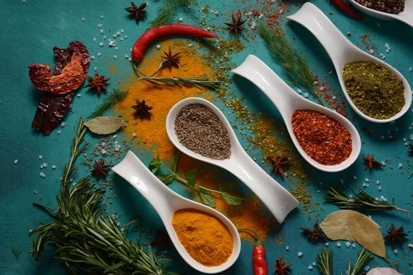 Various Colorful Herbs Spices Cooking Spoons Pepper Chili Paprika Basil — Stock Photo, Image