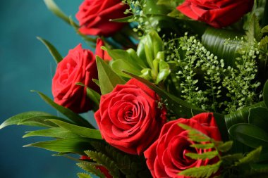 Sevgililer Günü için kırmızı güller buketi. Aşk teması. Kapat.