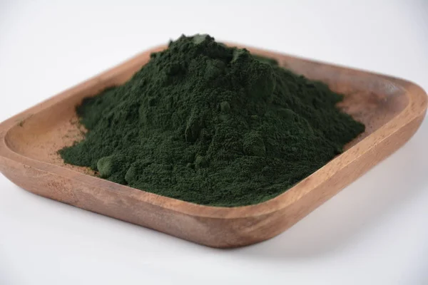 Espirulina Verde Orgánica Polvo Sobre Bandeja Madera Polvo Algas Marinas — Foto de Stock