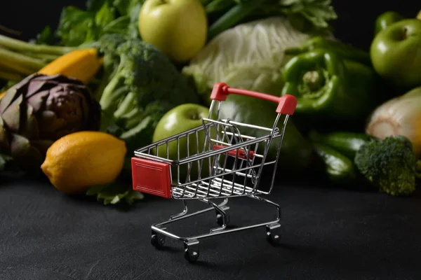 Shopping Trolley Cart Different Fresh Fruits Vegetables Layout Assortment Fresh — Stock Photo, Image