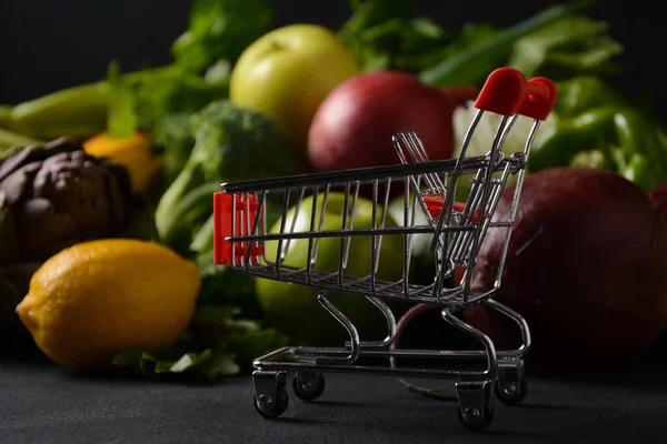 Shopping Trolley Cart Different Fresh Fruits Vegetables Layout Assortment Fresh — Stock Photo, Image