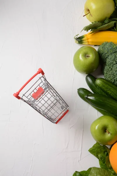 Shopping Trolley Cart Different Fresh Fruits Vegetables Layout Assortment Fresh — Stock Photo, Image