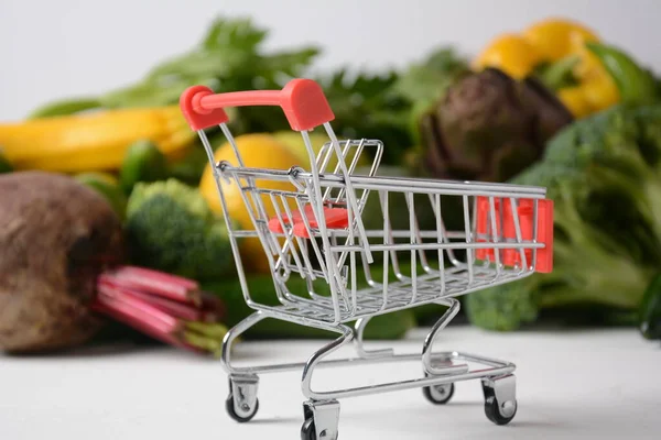 Shopping Trolley Cart Different Fresh Fruits Vegetables Layout Assortment Fresh — Stock Photo, Image