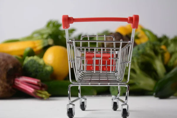 Shopping Trolley Cart Different Fresh Fruits Vegetables Layout Assortment Fresh — Stock Photo, Image