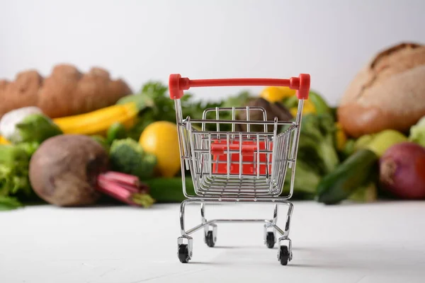 Shopping Trolley Cart Different Fresh Fruits Vegetables Layout Assortment Fresh — Stock Photo, Image