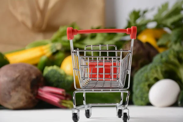 Shopping Trolley Cart Different Groceries Healthy Food Background Healthy Balanced — Stock Photo, Image