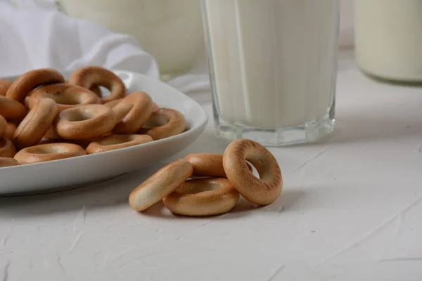 Bread Bagels Milk White Background — Stock Photo, Image