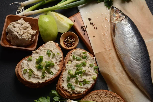 Snack Tradicional Judío Vorschmack Forshmak Con Pan Cebolla Verde Hecho —  Fotos de Stock