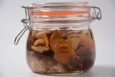 Siyah arka planda ev yapımı ballı tarımsal mantar kavanozu. Terbiye edilmiş ve mayalanmış yiyecekler. Fermente edilmiş vejetaryen gıda konsepti.