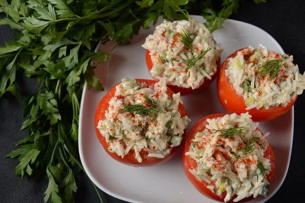 Tomates Recheados Com Arroz Legumes Carne — Fotografia de Stock