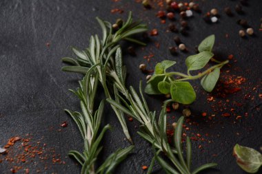 Karanlık taş arka planda baharatlar ve bitkiler